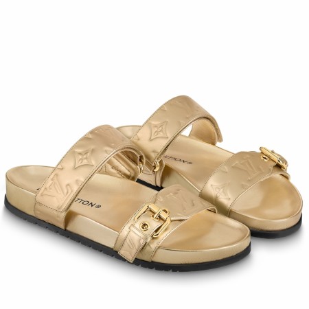 Louis Vuitton Bom Dia Comfort Mules In Gold Metallic Leather