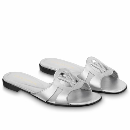 Louis Vuitton LV Isola Flat Slides In Silver Metallic Leather