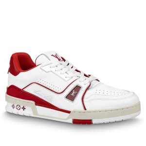 Louis Vuitton Men's White/Red LV Trainer Sneakers with #54