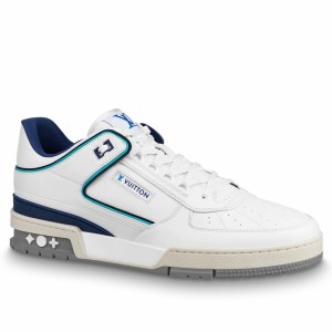 Louis Vuitton Men's LV Trainer Sneakers In White/Blue Leather