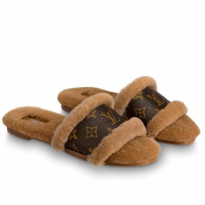 Louis Vuitton Lock It Flat Mules in Mink Fur with Monogram Canvas