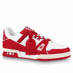 Louis Vuitton Men's LV Trainer Sneakers In White/Red Leather