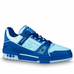 Louis Vuitton Men's LV Trainer Sneakers In Blue Leather