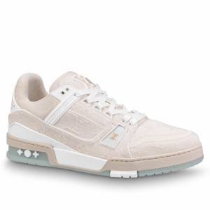 Louis Vuitton Men's LV Trainer Sneakers In Beige Monogram Denim