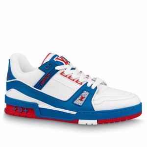 Louis Vuitton Men's LV Trainer Sneakers In Blue/White Leather