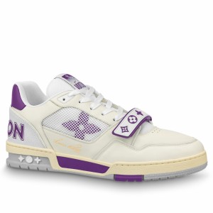 Louis Vuitton Men's LV Trainer Sneakers In White/Purple Calfskin