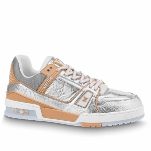 Louis Vuitton Men's LV Trainer Sneakers In Silver Metallic Calfskin
