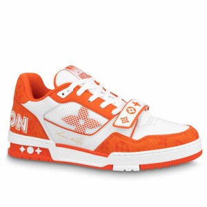 Louis Vuitton Men's LV Trainer Sneakers In Orange Denim with Mesh