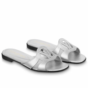 Louis Vuitton LV Isola Flat Slides In Silver Metallic Leather