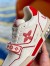 Louis Vuitton Men's LV Trainer Sneakers In White/Red Calfskin
